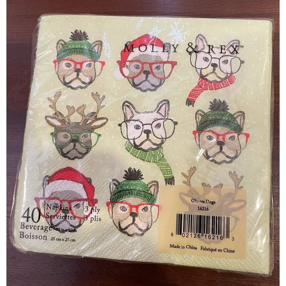 Molly & Rex Cypress Home‎ Christmas Napkins 10"x10" Lot of 2 Bulldog Frenchie - Picture 3 of 5